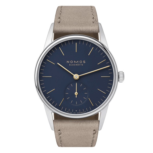  Montre NOMOS Orion 33 bleu nuit mécanique fond saphir bracelet cuir beige 32,8 