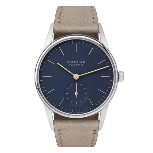  Montre NOMOS Orion 33 bleu nuit mécanique fond saphir bracelet cuir beige 32,8 