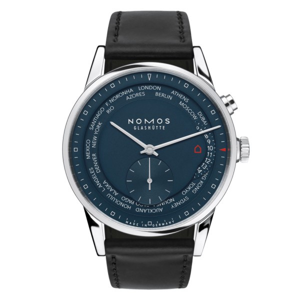  Montre NOMOS Zürich world time bleu nuit automatique bracelet cuir véritable noir 39,9 