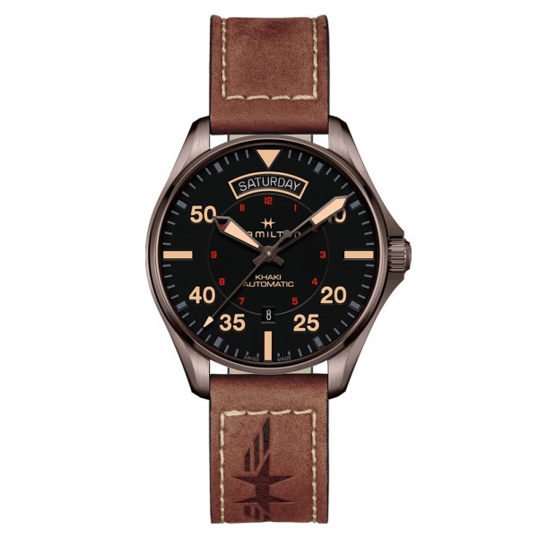 Montre Hamilton Khaki Aviation Pilot Day Date cadran noir bracelet cuir brun 42 mm