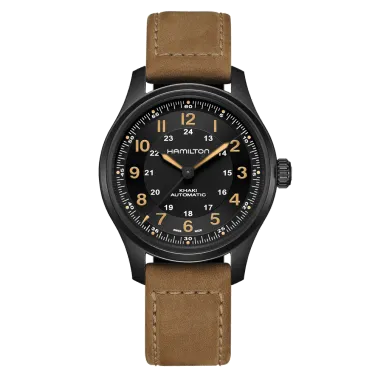 Montre Hamilton Khaki Field Titanium auto cadran noir bracelet cuir brun 42 mm
