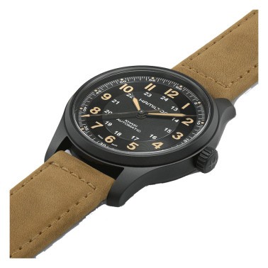 Montre Hamilton Khaki Field Titanium auto cadran noir bracelet cuir brun 42 mm H70665533