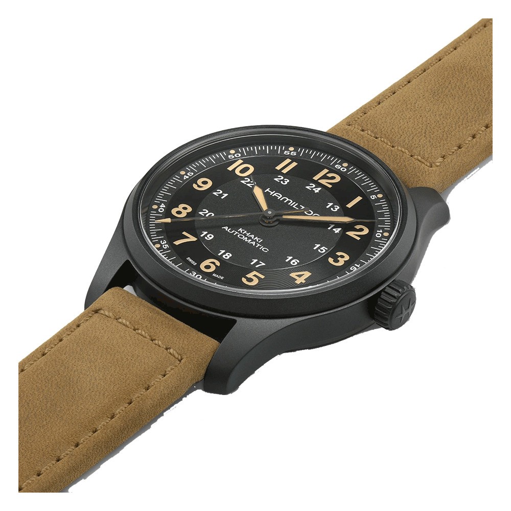 Montre Hamilton Khaki Field Titanium auto cadran noir bracelet cuir brun 42 mm H70665533