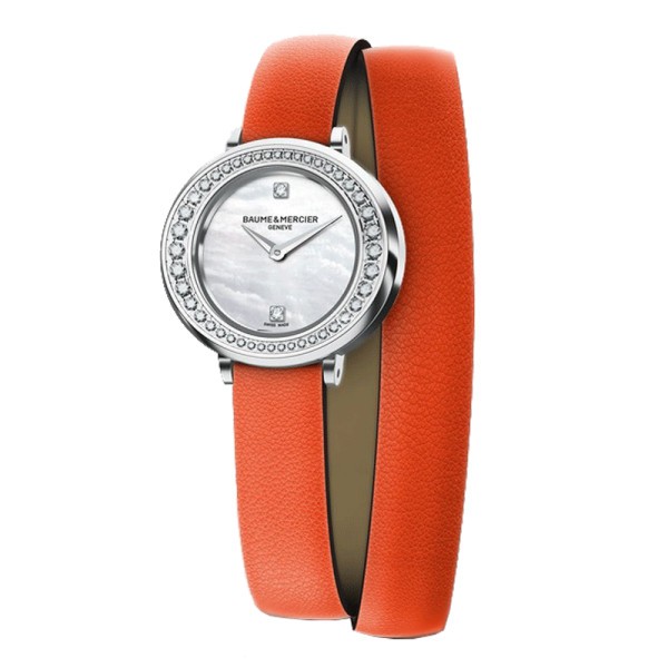 Montre Baume et Mercier Petite Promesse quartz lunette sertie bracelet cuir veau orange 22 mm