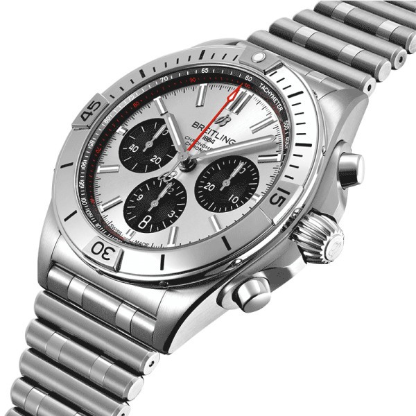Montre Breitling Chronomat B01 Chronograph automatique cadran argent bracelet acier 42 mm AB0134101G1A1