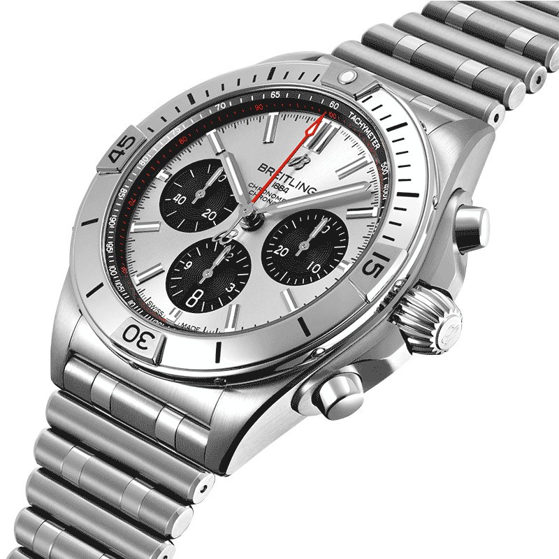 Montre Breitling Chronomat B01 Chronograph automatique cadran argent bracelet acier 42 mm AB0134101G1A1