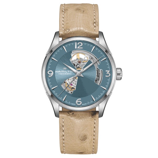 Montre Hamilton Jazzmaster Open Heart automatique cadran bleu bracelet cuir beige 42 mm