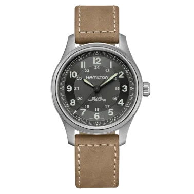 Watch Hamilton Khaki Field Titanium automatic with black dial and brown leather strap 42 mm H70545550