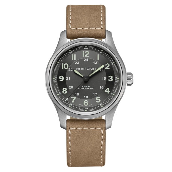 Watch Hamilton Khaki Field Titanium automatic with black dial and brown leather strap 42 mm H70545550