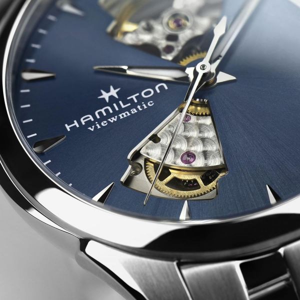 Montre Hamilton Jazzmaster Open Heart Lady automatique cadran bleu marine bracelet acier 36 mm