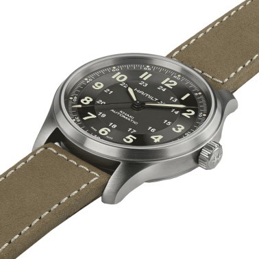 Watch Hamilton Khaki Field Titanium automatic with black dial and brown leather strap 42 mm H70545550