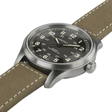 Watch Hamilton Khaki Field Titanium automatic with black dial and brown leather strap 42 mm H70545550
