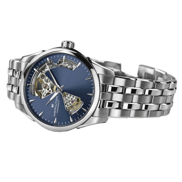 Montre Hamilton Jazzmaster Open Heart Lady automatique cadran bleu marine bracelet acier 36 mm