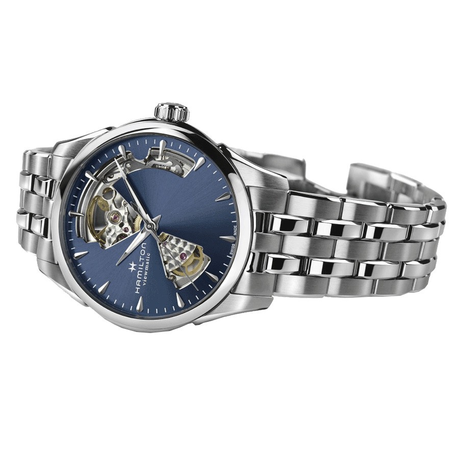 Montre Hamilton Jazzmaster Open Heart Lady automatique cadran bleu marine bracelet acier 36 mm
