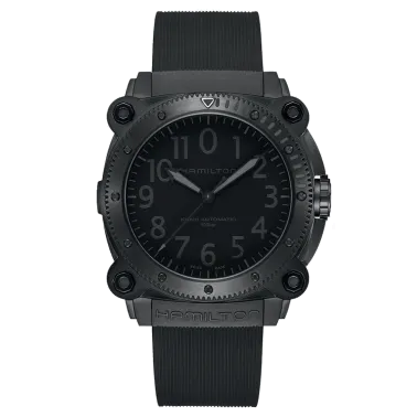 Montre Hamilton Khaki Navy Belowzero automatique cadran noir bracelet caoutchouc 46 mm