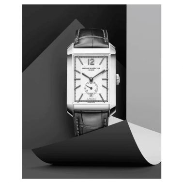 Montre Baume et Mercier Hampton automatique petite seconde cadran argenté bracelet cuir alligator noir