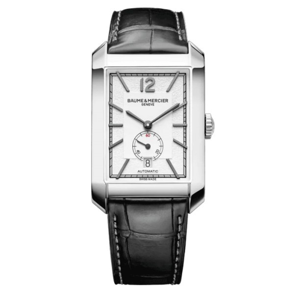 Montre Baume et Mercier Hampton automatique petite seconde cadran argenté bracelet cuir alligator noir