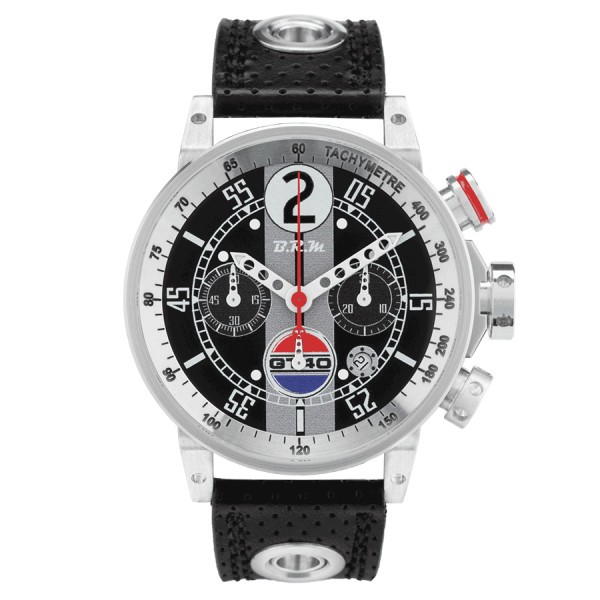 Watch BRM V12 GT40 automatic stainless steel black dial black perforated leather strap 44 mm