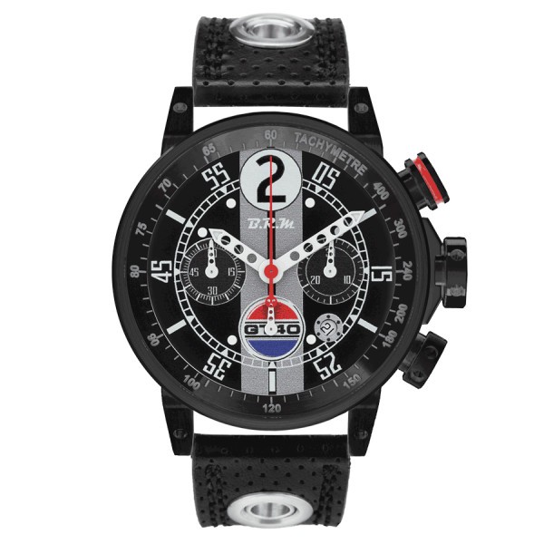 Watch BRM V12 GT40 automatic PVD black dial black perforated leather strap 44 mm