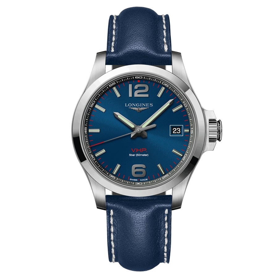 Longines Conquest VHP quartz watch blue dial blue leather strap 41mm
