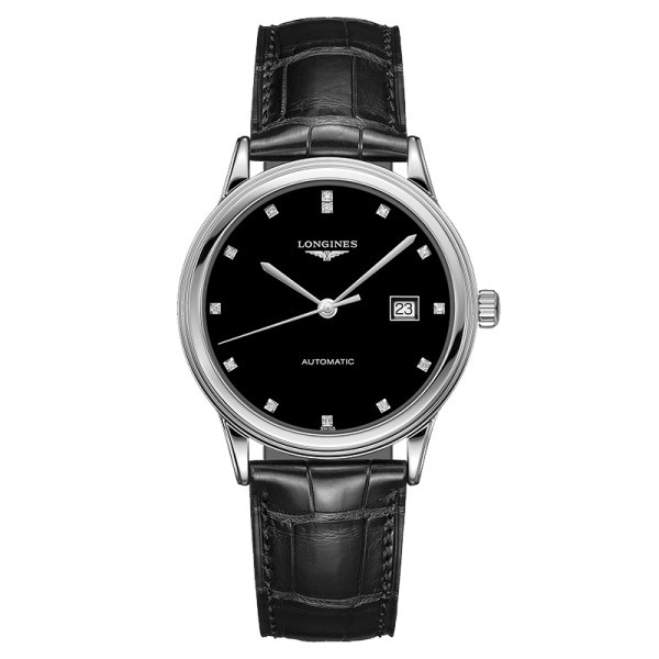Longines Flagship automatic watch black lacquered dial black alligator strap 40 mm
