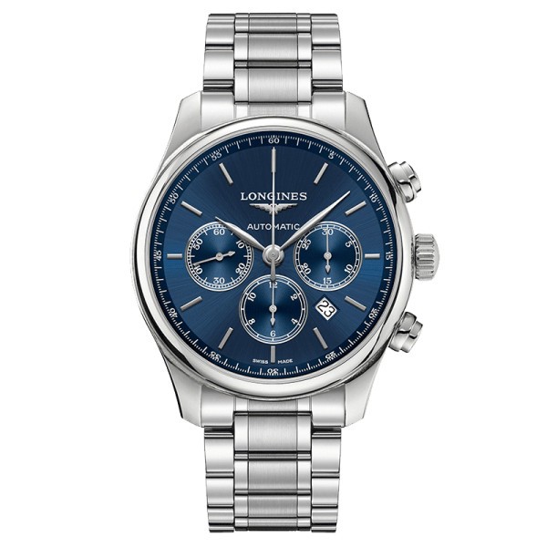 Longines Master Collection automatic chronograph watch blue dial steel bracelet 44 mm