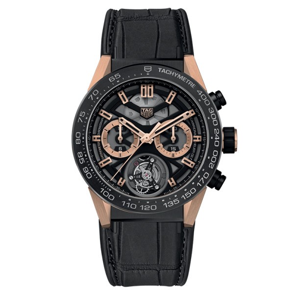 Montre TAG Heuer Carrera Calibre Heuer 02T Tourbillon titane cadran squelette bracelet alligator noir 45 mm