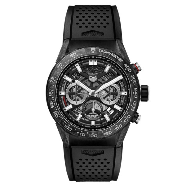 TAG Heuer Carrera Calibre Heuer 02 watch carbon bezel skeleton dial black rubber strap 45 mm