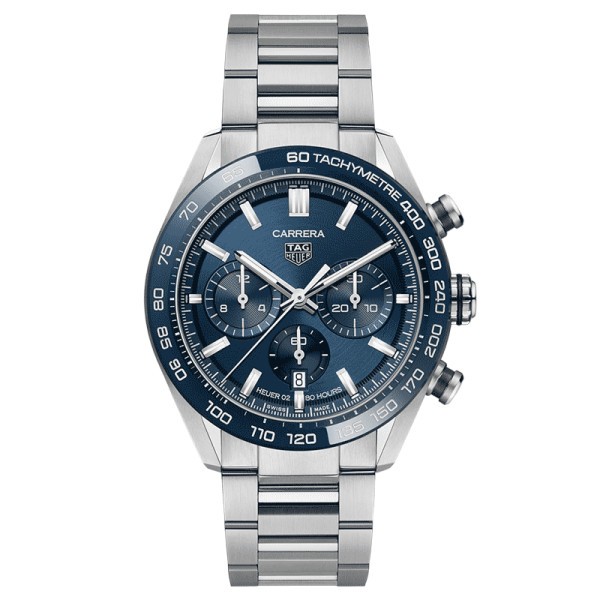 Montre TAG Heuer Carrera Calibre Heuer 02 chronographe cadran bleu bracelet acier 44 mm CBN2A1A.BA0643