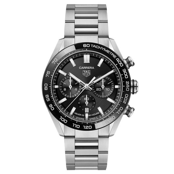 TAG Heuer Carrera Calibre Heuer 02 chronograph watch black dial steel bracelet 44 mm