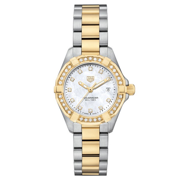 TAG Heuer Aquaracer quartz watch bezel set mother-of-pearl dial bicolor steel bracelet 27 mm