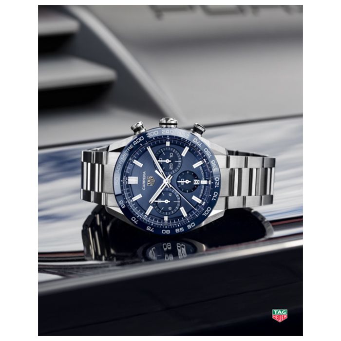 Montre TAG Heuer Carrera Calibre Heuer 02 chronographe cadran bleu bracelet acier 44 mm CBN2A1A.BA0643