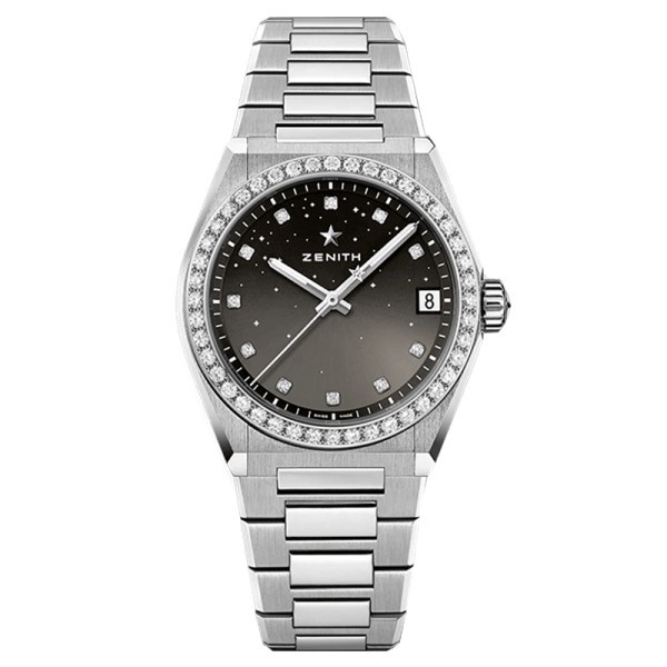 Zenith Defy Midnight automatic watch black dial bezel set stainless steel bracelet 36 mm