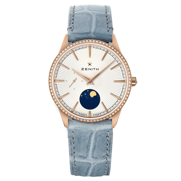 Zenith Elite Moonphase automatic watch silver dial bezel set blue bracelet 36 mm