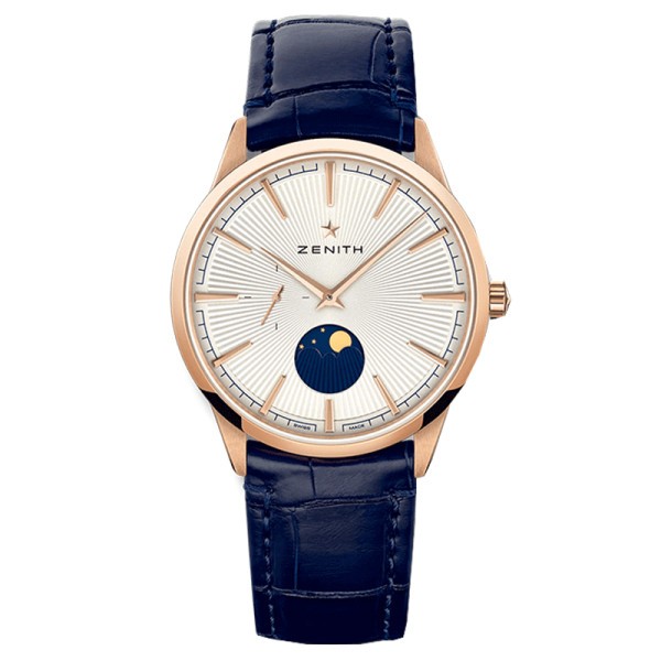 Montre Zenith Elite Moonphase automatique cadran argenté bracelet cuir bleu 40 mm