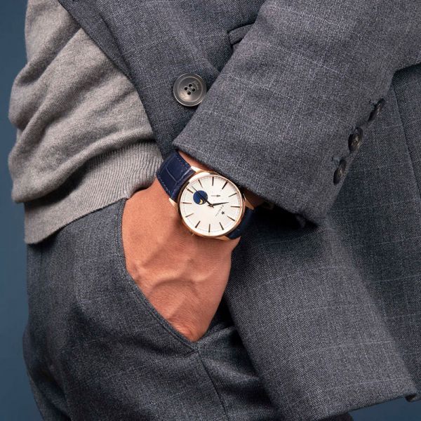 Zenith Elite Moonphase automatic watch silver dial blue leather strap 40 mm