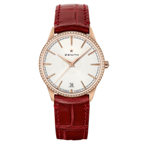 Zenith Elite Classic automatic watch silvered dial bezel set burgundy leather strap 36 mm