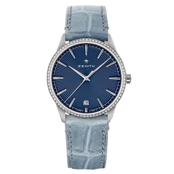 Montre Zenith Elite Classic automatique cadran soleillé bleu bracelet cuir bleu jean 36 mm