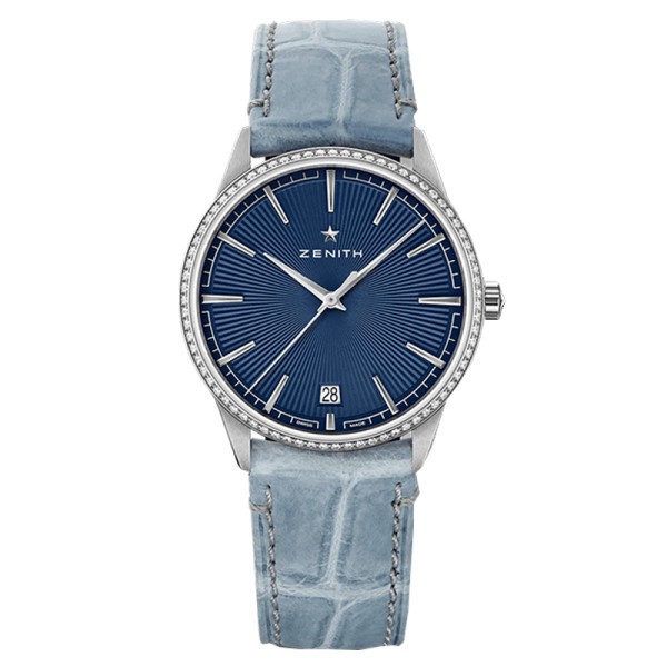 Zenith Elite Classic automatic watch blue sunburst dial blue jean leather strap 36 mm