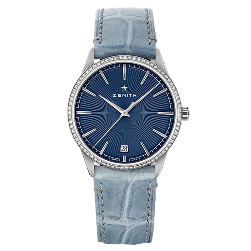 Zenith Elite Classic automatic watch blue dial blue jean leather strap 36 mm