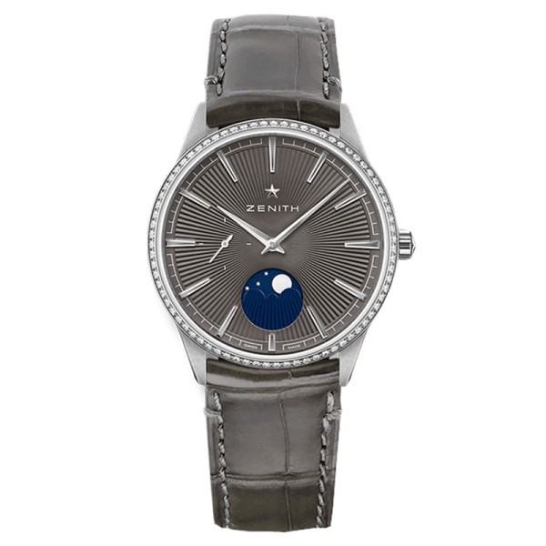 Zenith Elite Moonphase automatic watch grey dial grey leather strap 36 mm