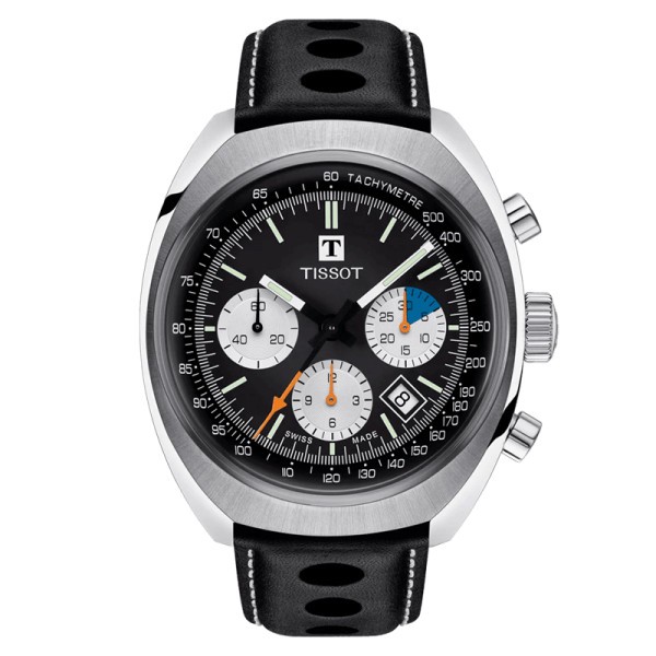 Montre Tissot Heritage automatique chronographe cadran noir bracelet cuir noir 43 mm