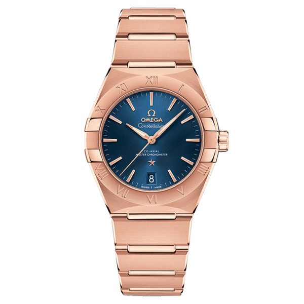 Montre Omega Constellation Co-Axial Master Chronometer cadran bleu bracelet or sedna 36 mm