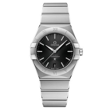 Montre Omega Constellation quartz cadran noir bracelet acier 36 mm