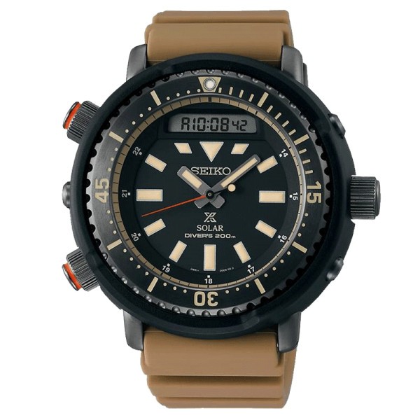 Seiko Prospex solar quartz watch black dial beige silicone bracelet 47,8 mm