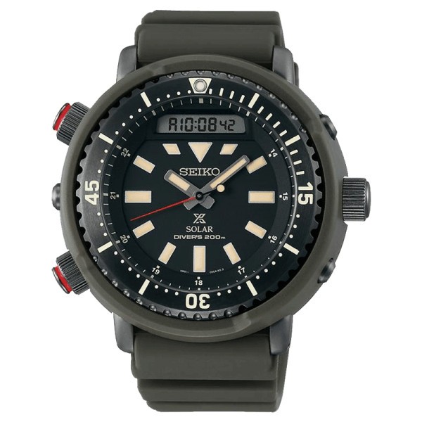 Seiko Prospex solar quartz watch black dial khaki silicone strap 47,8 mm