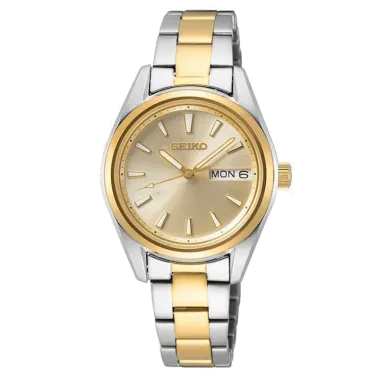 Montre Seiko Classique quartz jour date cadran doré bracelet bicolore 29,8 mm