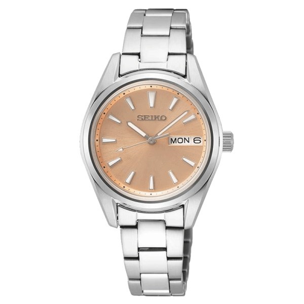 Seiko Classique quartz day date watch pink dial stainless steel bracelet 29,8 mm