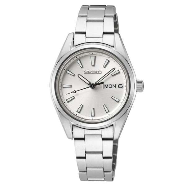 Montre Seiko Classique quartz jour date cadran argenté bracelet acier 29,8 mm