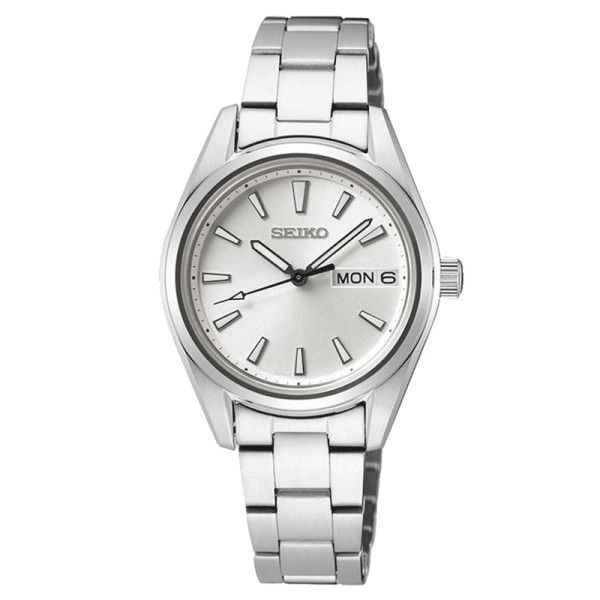 Seiko Classique quartz day date watch silvered dial stainless steel bracelet 29,8 mm